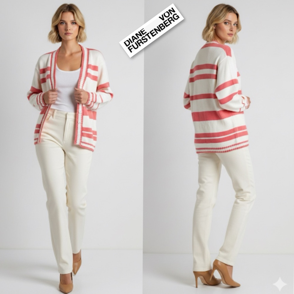 Diane Von Furstenberg Y2K Vintage White & Pink Striped Sweater Cardigan Sz 4